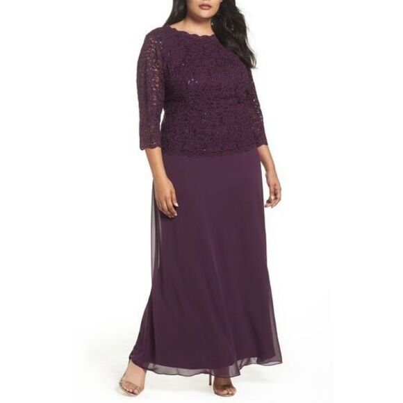ALEX EVENINGS Womens Purple Stretch Sequined Lace Floral 3/4 Sleeve Jewel Neck M - Picture 1 of 3